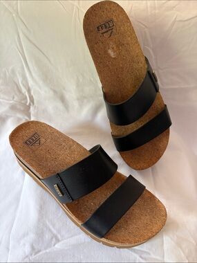 Reef Women's Black Dual-Strap Cork Slide Sandals